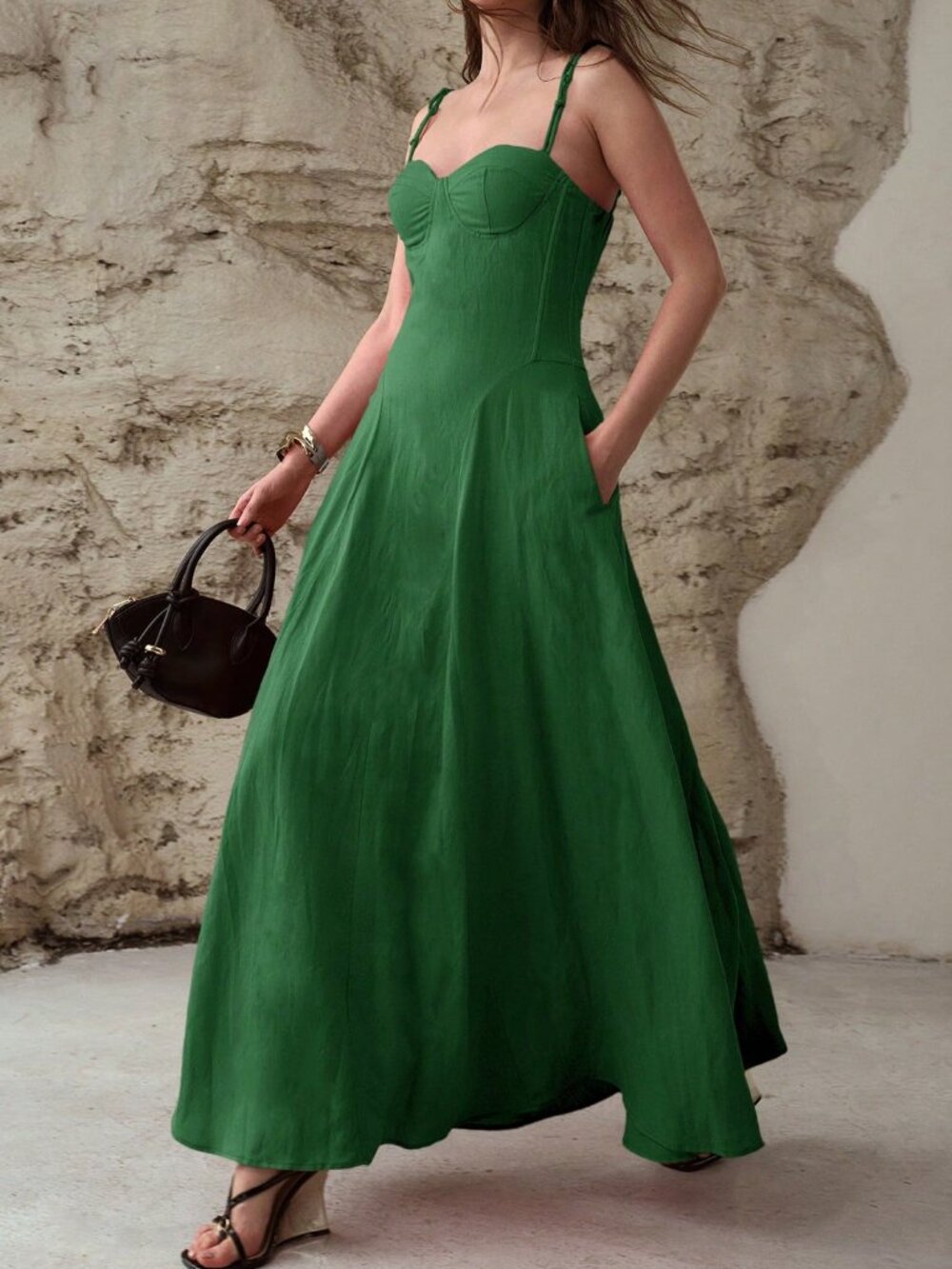 Green Elegant Women's Cup Detail Tie Shoulder Fitted Dress